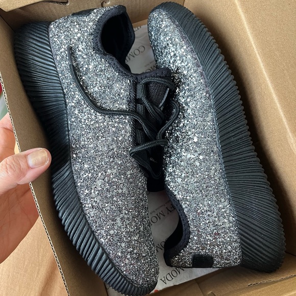 Ice Silver Sequin Glitter Sneaker Shoe Lace Up Slip On Comfy Sport Gym Metallic - Picture 4 of 16